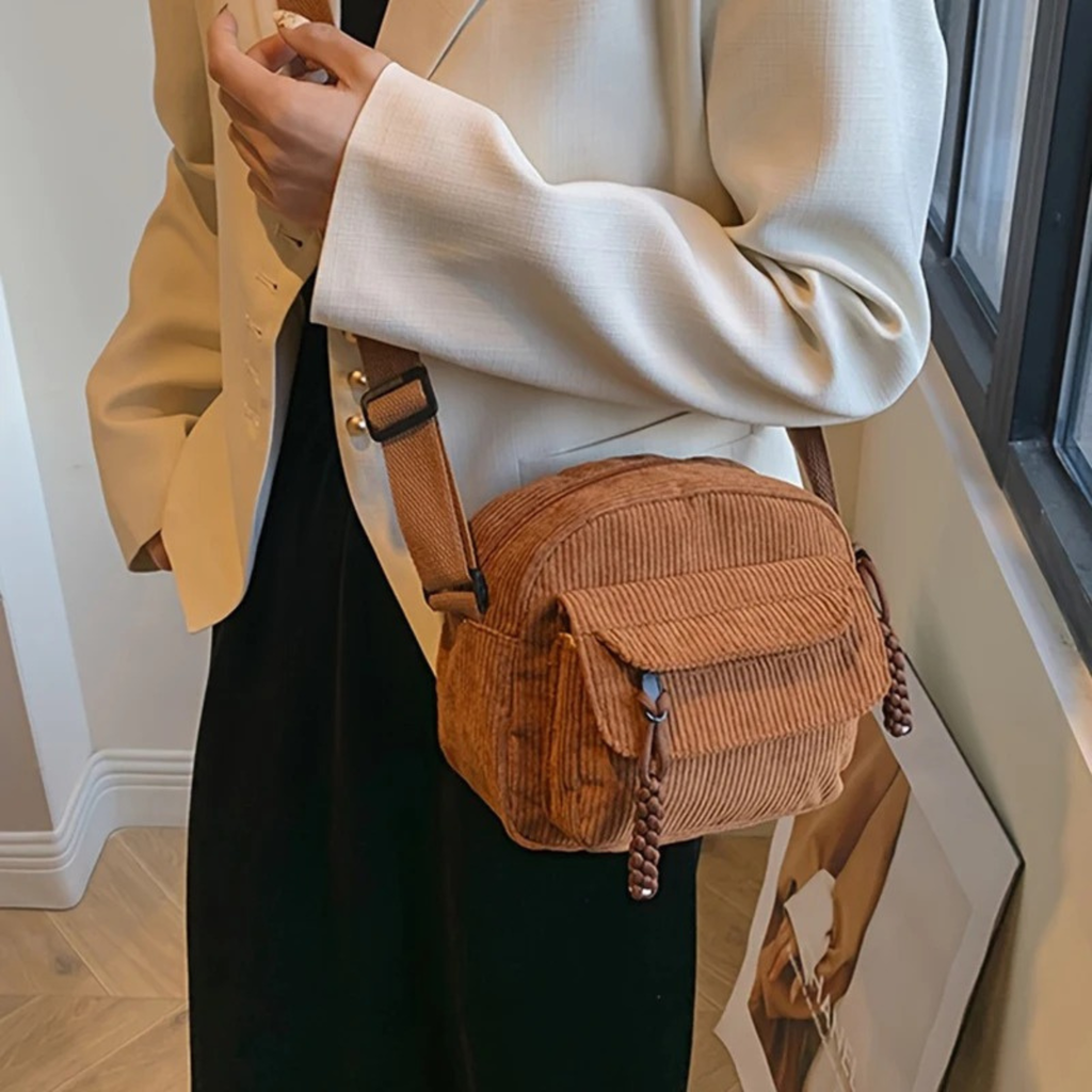 Sac bandoulière femme en velours côtelé avec poches pour usage quotidien - Cordea