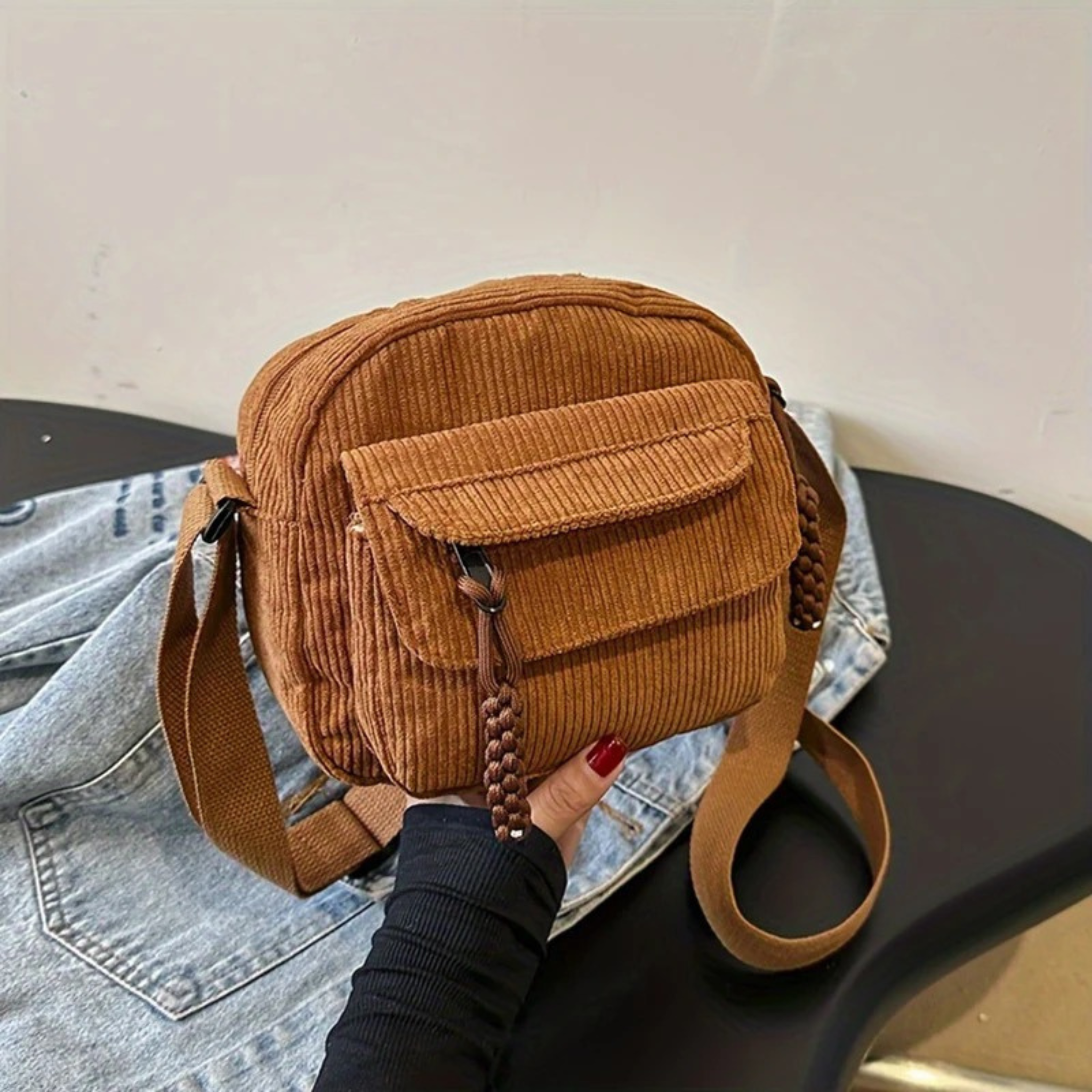 Sac bandoulière femme en velours côtelé avec poches pour usage quotidien - Cordea