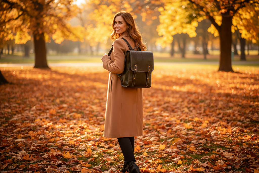 Femme 40s sac kaki parc automne