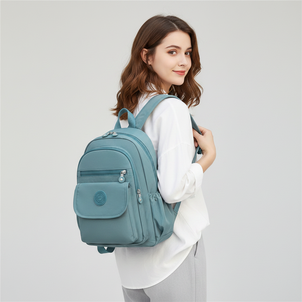 Femme européenne avec sac bleu studio