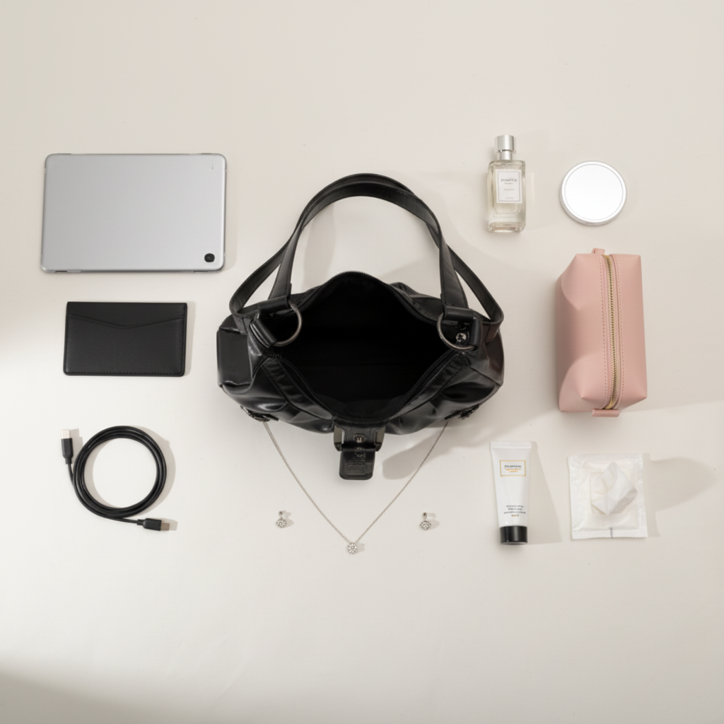 Flat lay - Sac avec accessoires chic