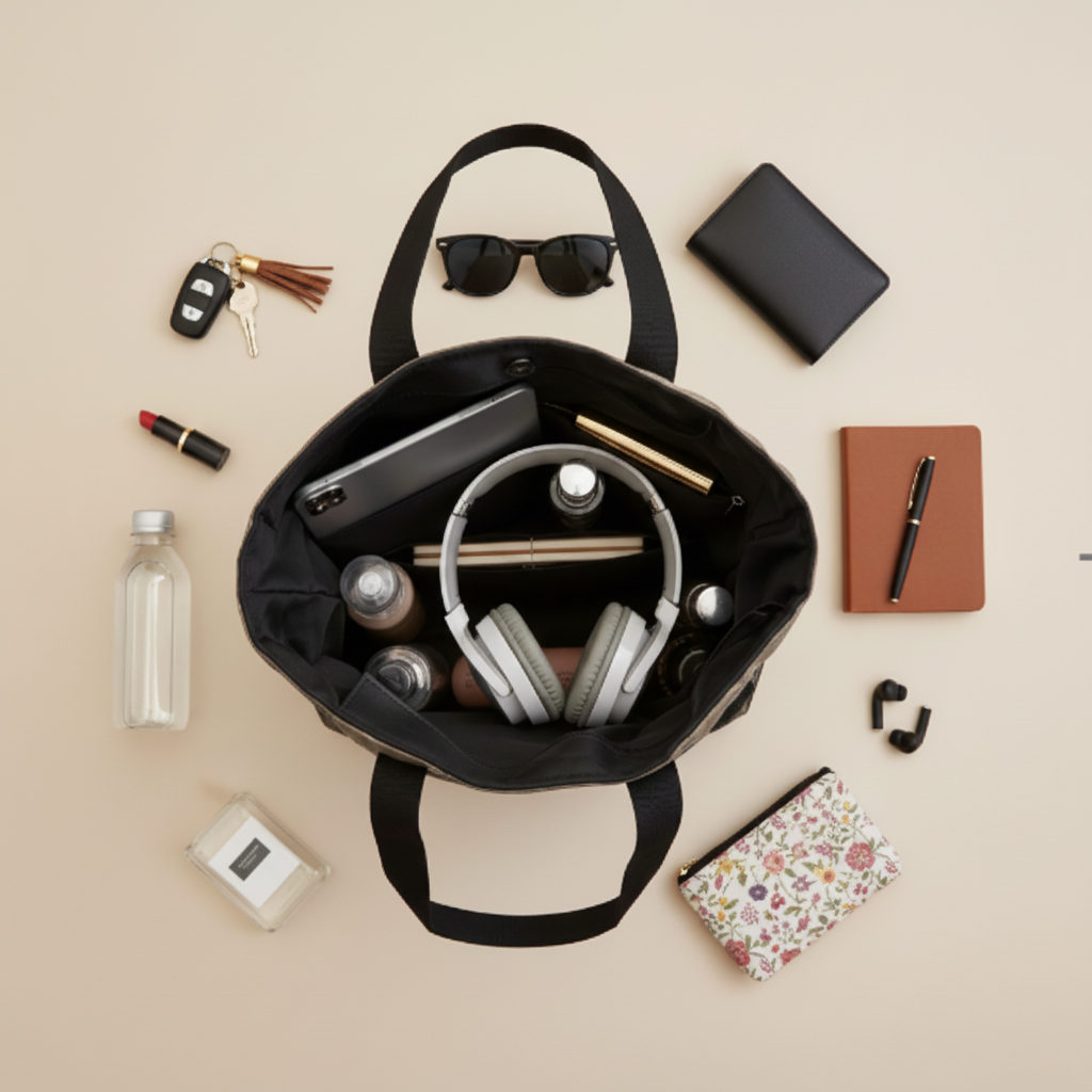 Flat lay - Sac noir sans carré gris