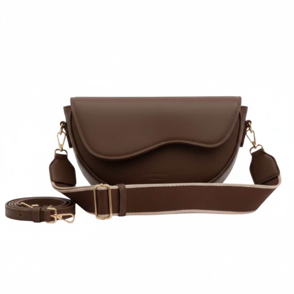 Sac croissant marron chocolat - bandoulières marron et écriture dorée