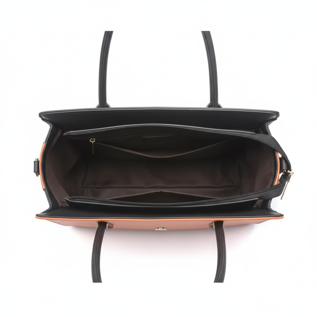 Sac à main orange et noir intérieur ouvert