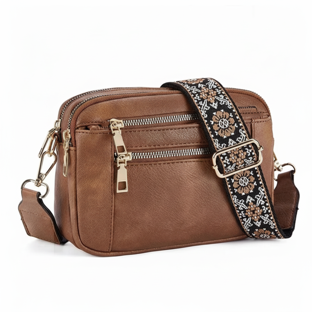 Sac marron avec bandoulière fleurie