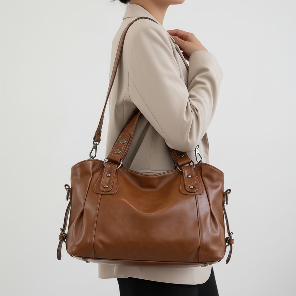 Sac marron clair porté - format carré