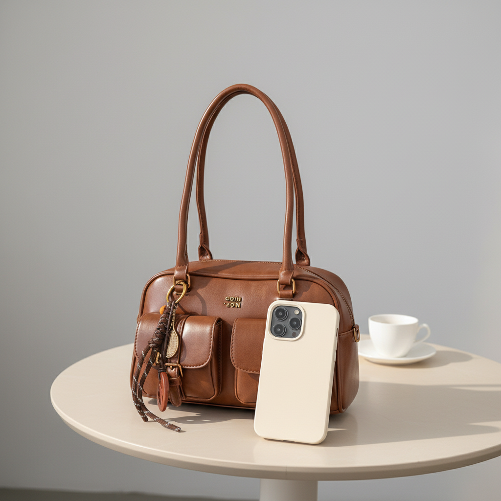 Sac marron et téléphone sur table