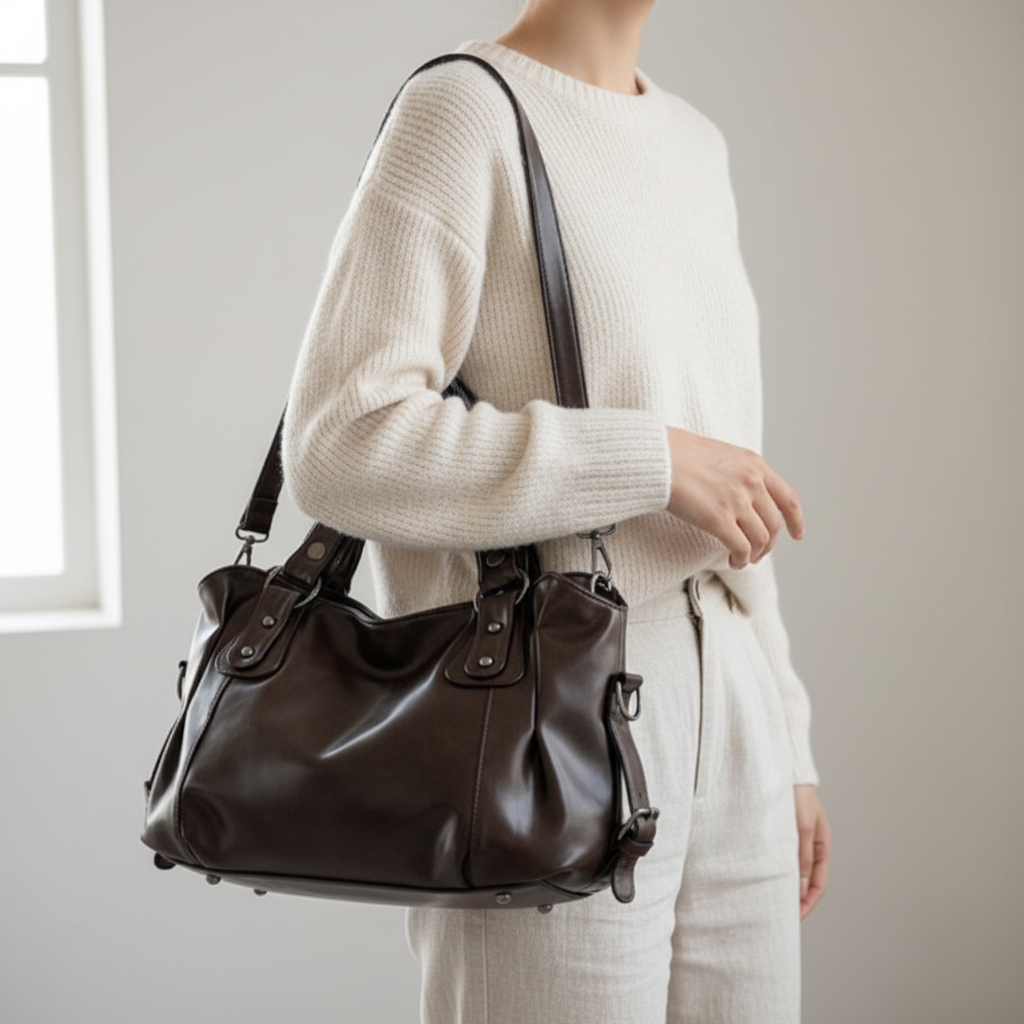 Sac marron foncé porté - format carré