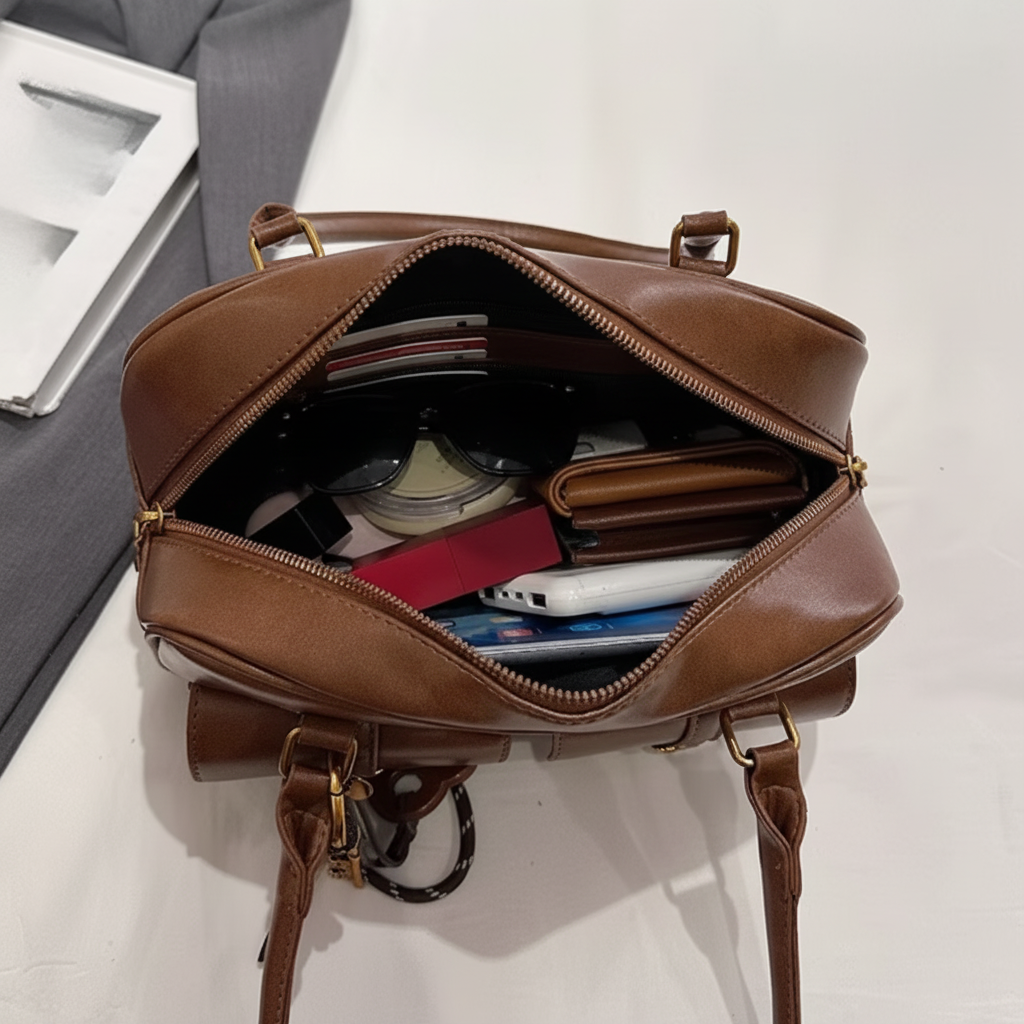Sac marron - intérieur avec objets