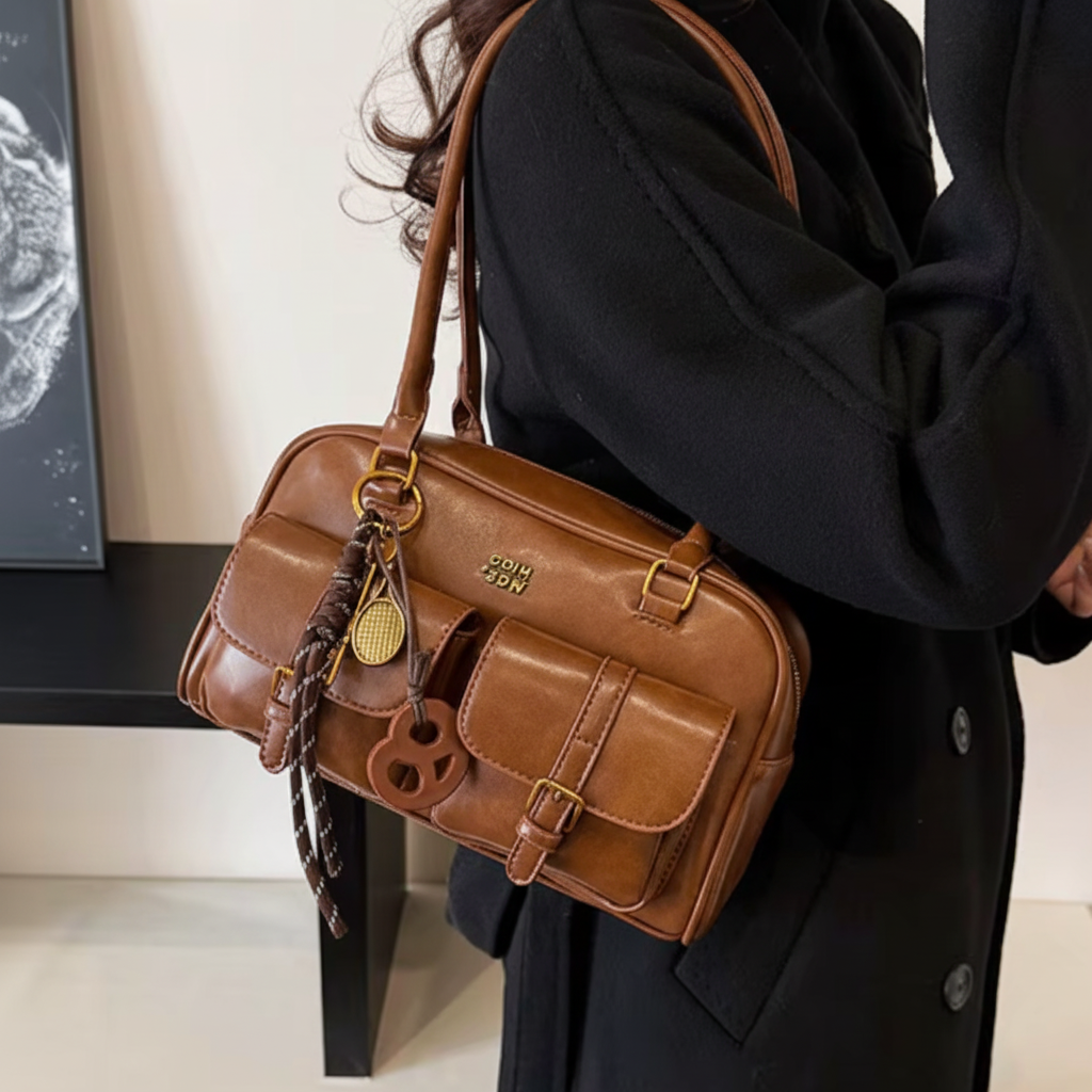 Sac marron porté - tenue noire vue 1